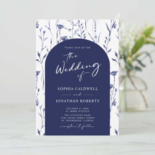 ネイビーワイルドフラワートレンディーアーチ結婚書道 招待状 (スタンド正面)