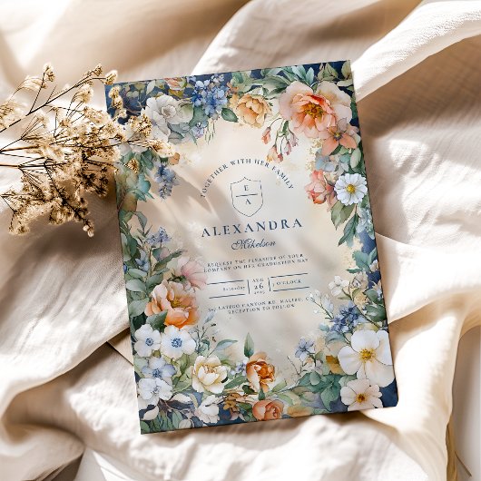 ネイビーワイルドフラワーメドウガーデン卒業 招待状