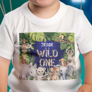 ネイビーワイルドワン、ジャングルサファリ動物、男の赤ちゃん1st ベビーTシャツ