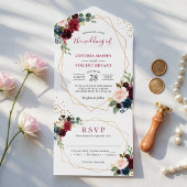 ネイビーワインレッドフローラ結婚ジオズ(ENVは不要) オールインワン招待状