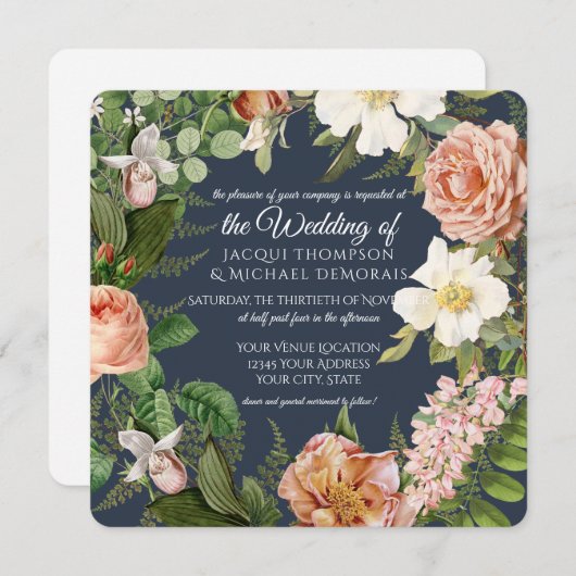 ネイビーン·ホワイト·ローズ·ヴィンテージフローラズ 招待状 (正面/裏面)