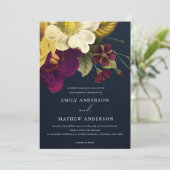 ネイビーヴィンテージレトロブルゴーニュイエローフローラ結婚ズ 招待状 (スタンド正面)