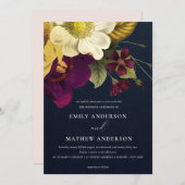 ネイビーヴィンテージレトロブルゴーニュイエローフローラ結婚ズ 招待状 (正面/裏面)