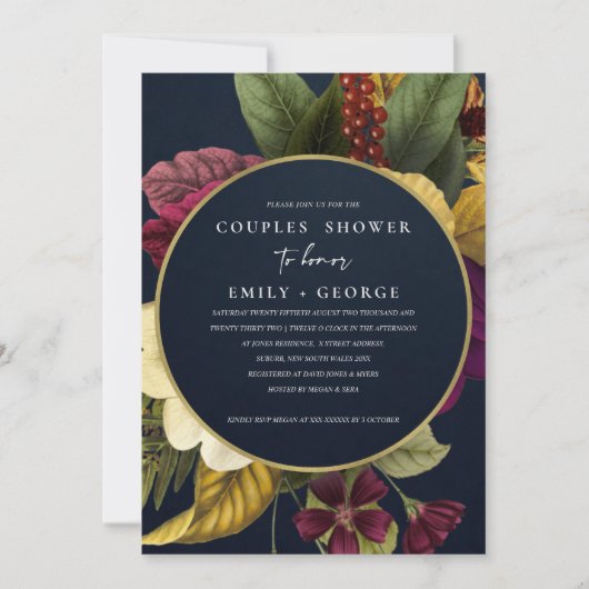 ネイビーヴィンテージレトロブルゴーニュフローラカップルのシャワー 招待状 (正面)