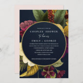 ネイビーヴィンテージレトロブルゴーニュフローラカップルのシャワー 招待状 (正面/裏面)