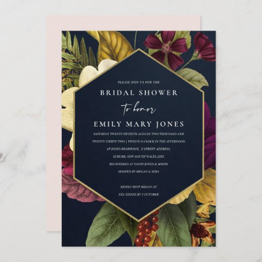 ネイビーヴィンテージレトロブルゴーニュフローラブライダルシャワー 招待状 (正面/裏面)