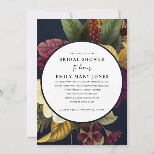 ネイビーヴィンテージレトロブルゴーニュフローラブライダルシャワー 招待状 (正面)