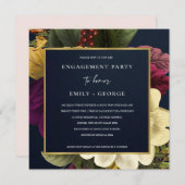 ネイビーヴィンテージレトロブルゴーニュフローラ婚約 招待状 (正面/裏面)