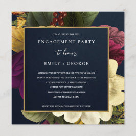 ネイビーヴィンテージレトロブルゴーニュフローラ婚約 招待状