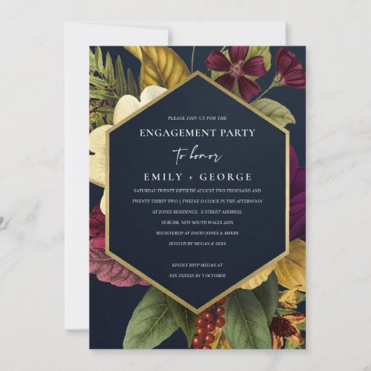 ネイビーヴィンテージレトロブルゴーニュフローラ婚約 招待状 (正面)