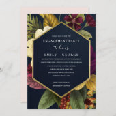 ネイビーヴィンテージレトロブルゴーニュフローラ婚約 招待状 (正面/裏面)