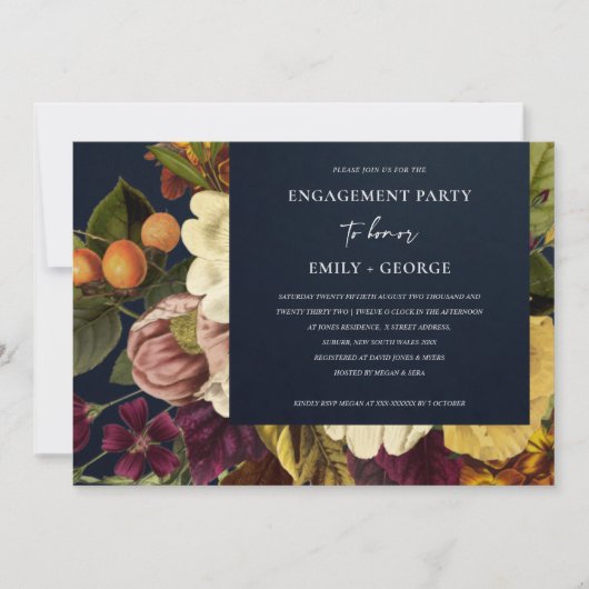 ネイビーヴィンテージレトロブルゴーニュフローラ婚約 招待状 (正面)