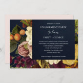 ネイビーヴィンテージレトロブルゴーニュフローラ婚約 招待状 (正面/裏面)