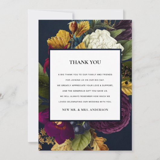 ネイビーヴィンテージレトロブルゴーニュ秋結婚フローラ サンキューカード (正面)