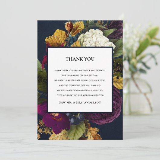 ネイビーヴィンテージレトロブルゴーニュ秋結婚フローラ サンキューカード (スタンド正面)