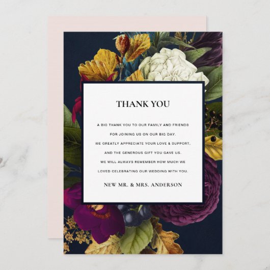 ネイビーヴィンテージレトロブルゴーニュ秋結婚フローラ サンキューカード (正面/裏面)