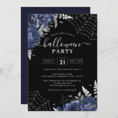 ネイビー不気味フローラCobwebsハローウィンパーティ 招待状 (正面/裏面)