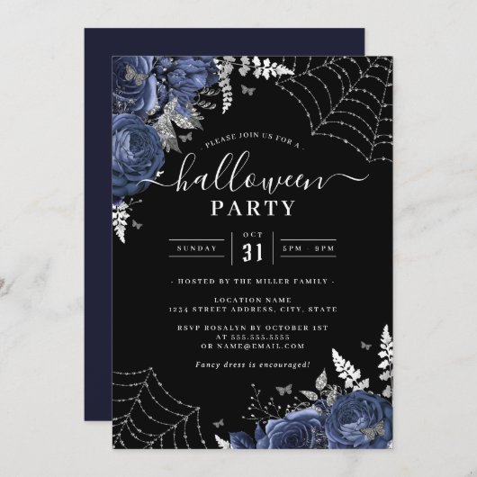 ネイビー不気味フローラCobwebsハローウィンパーティ 招待状 (正面/裏面)