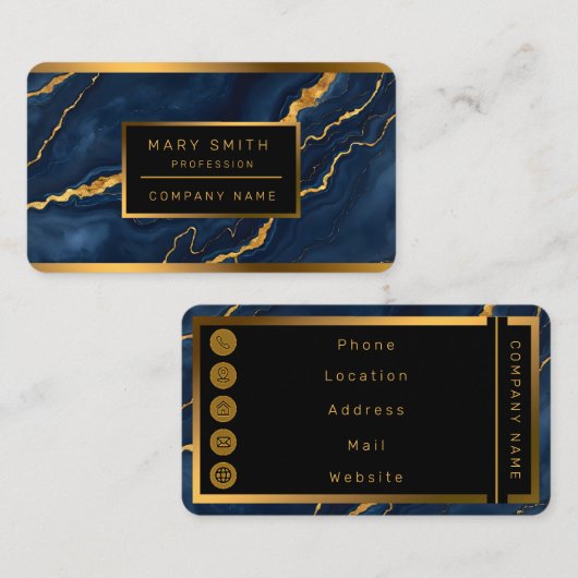 ネイビー人気があるブルー金ゴールドマーブルコレクション 名刺 (正面/裏面)