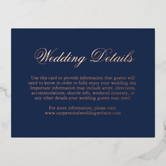 ネイビー伝統的ブルーエレガフォーマルントウェディング 箔招待状ポストカード (正面)