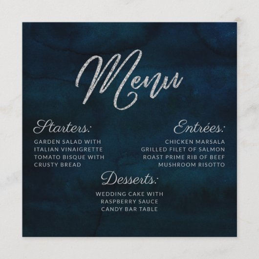 ネイビー光沢シルバーブルーウォーターカラースクエアディナー メニュー (正面)