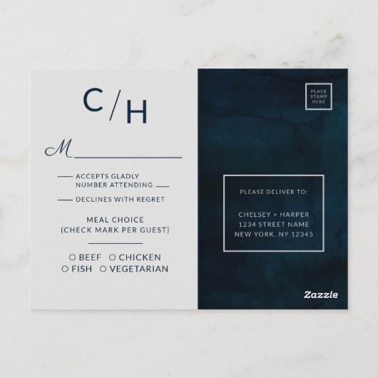 ネイビー光沢シルバーブルー結婚ズの食事の選択RSVP ポストカード (裏面)
