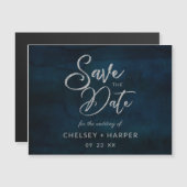 ネイビー光沢ダークブルーシルバーウェディング日付を保存 (正面/裏面)