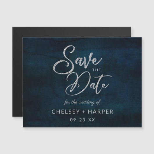 ネイビー光沢ダークブルーシルバーウェディング日付を保存 (正面/裏面)