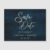 ネイビー光沢ダークブルーシルバーウェディング日付を保存 (正面)