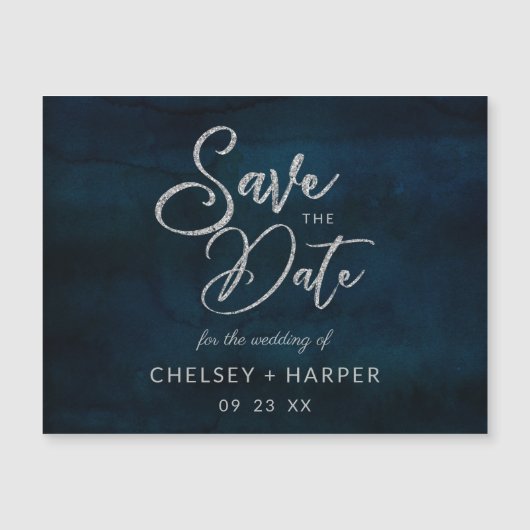 ネイビー光沢ダークブルーシルバーウェディング日付を保存 (正面)