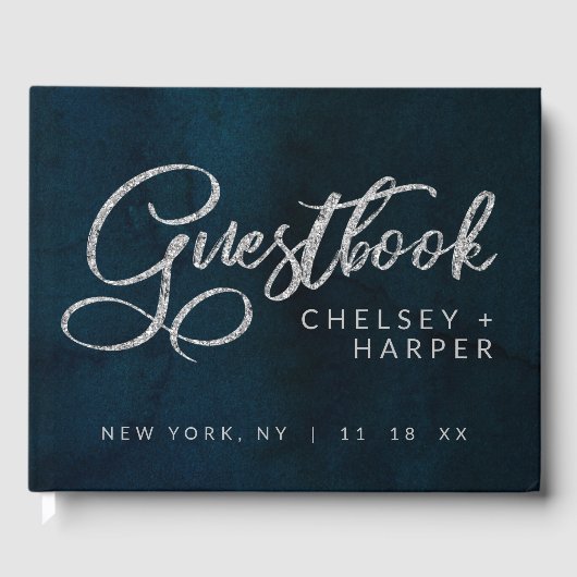 ネイビー光沢ダークブルーシルバーウォーター結婚カラー ゲストブック (正面)