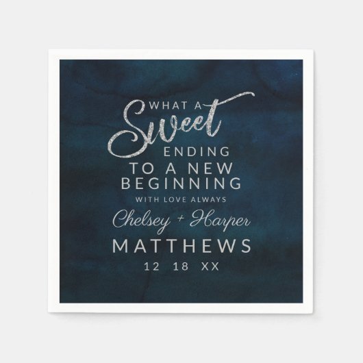 ネイビー光沢ダークブルーシルバースイートエンディング スタンダードカクテルナプキン (正面)