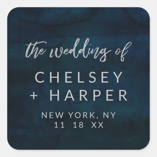 ネイビー光沢ダークブルーシルバーモノグラム結婚ズ スクエアシール (正面)