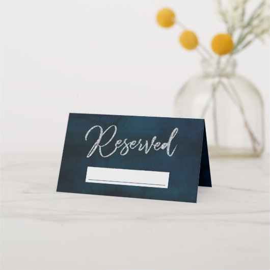 ネイビー光沢ダークブルー予約結婚席 プレイスカード (正面)
