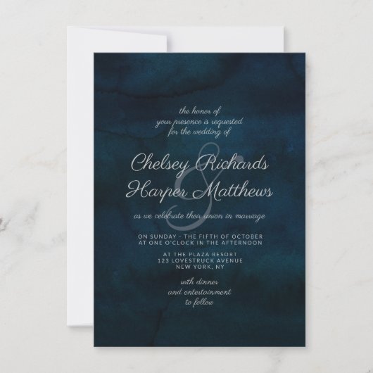ネイビー光沢ダークブルー水の色エレガントな結婚式 招待状 (正面)