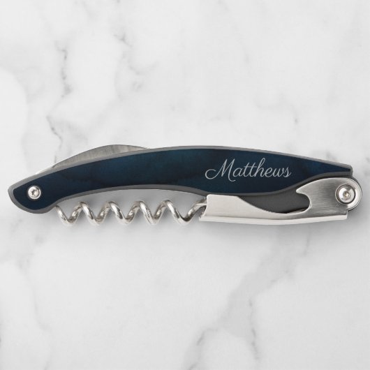 ネイビー光沢ダークブルー水の色結婚のモノグラム ソムリエナイフ (裏面)