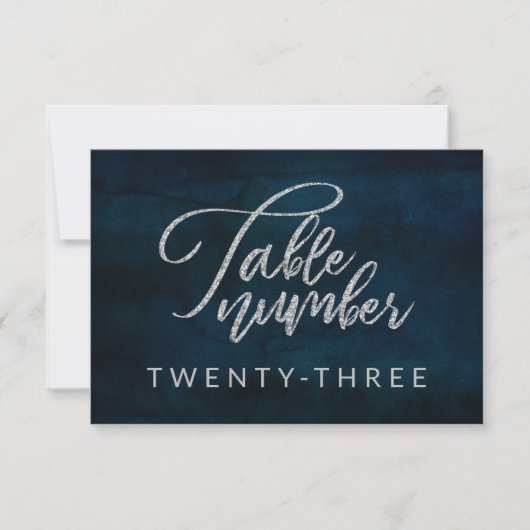ネイビー光沢ダークブルー結婚シルバーのテーブル番号 招待状 (正面)