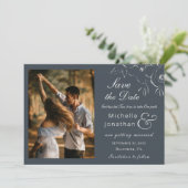 ネイビー写真の白い花の結婚輪郭 セーブザデート (スタンド正面)