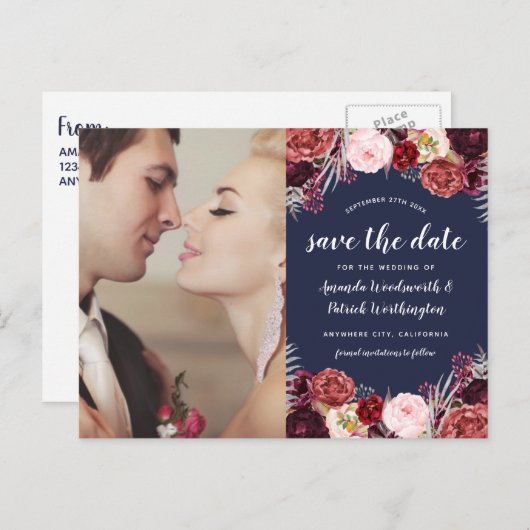 ネイビー写真マルサラ赤面Peony日付カードを保存 案内ポストカード (正面/裏面)