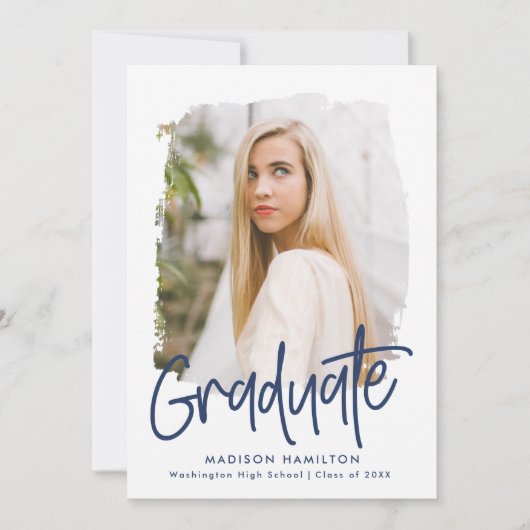 ネイビー名門私立校風のスクリプト写真卒業パーティー 招待状 (正面)