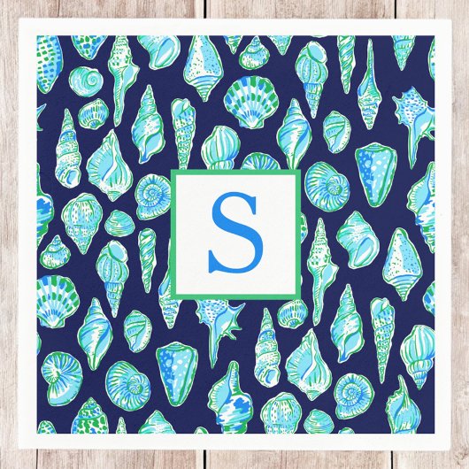 ネイビー名門私立校風のバックグランドモノグラムの貝殻 スタンダードカクテルナプキン