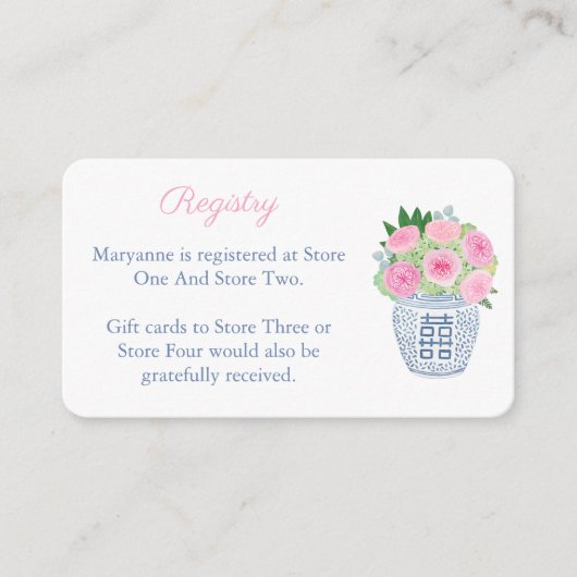 ネイビー名門私立校風のブルーとピンクのブライダルシャワー名簿 エンクロージャーカード (正面)