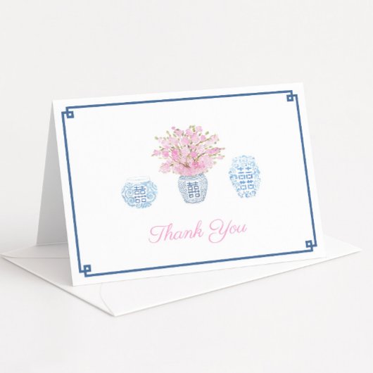 ネイビー名門私立校風のブルーとピンクジンジャージャーのベビーシャワー サンキューカード