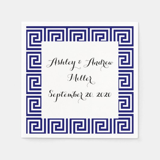 ネイビー名門私立校風のブルーホワイトギリシャ鍵パターン スタンダードカクテルナプキン (正面)