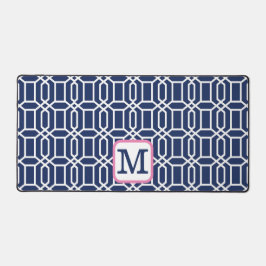 ネイビー名門私立校風のホワイトオクタゴンモノグラムイニシャル デスクマット