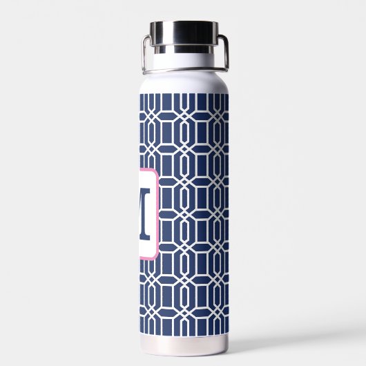 ネイビー名門私立校風のホワイトオクタゴンモノグラムコーヒー ウォーターボトル (背面)