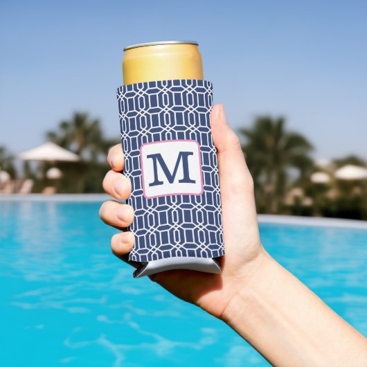 ネイビー名門私立校風のホワイトオクタゴン幾何学模様 スリム缶クーラー (インサイチュ プール)
