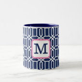 ネイビー名門私立校風のホワイトオクタゴン幾何学模様 ツートーンマグカップ (中央)