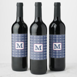 ネイビー名門私立校風のホワイトオクタゴン幾何学模様 ワインラベル