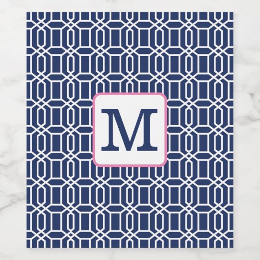 ネイビー名門私立校風のホワイトオクタゴン幾何学模様 ワインラベル (シングルラベル)